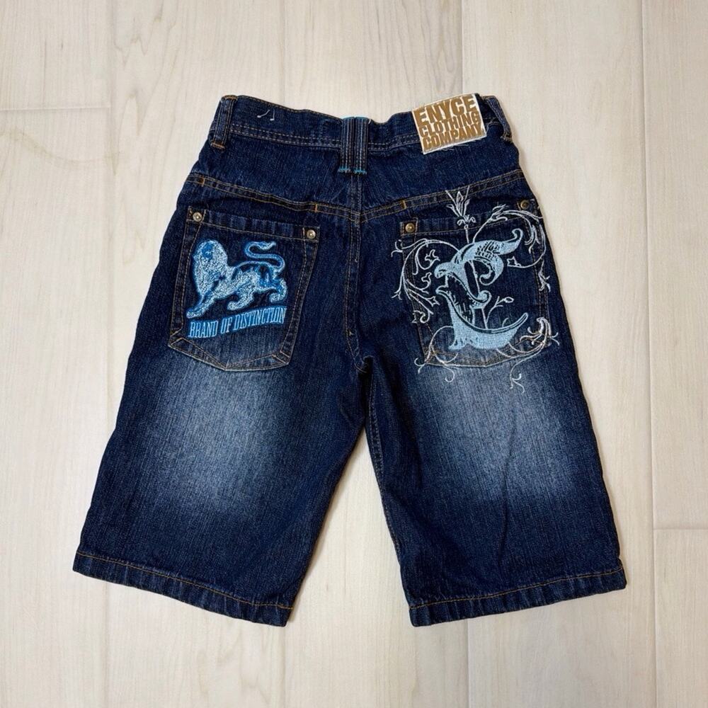 Enyce Boys Vintage Y2K Baggy Indigo Denim Shorts Lion Embroidered Jorts Size 8